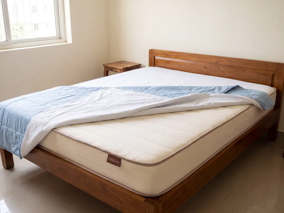 Sovlune Cool Cotton Firm foam mattress on a bed in a bedroom
