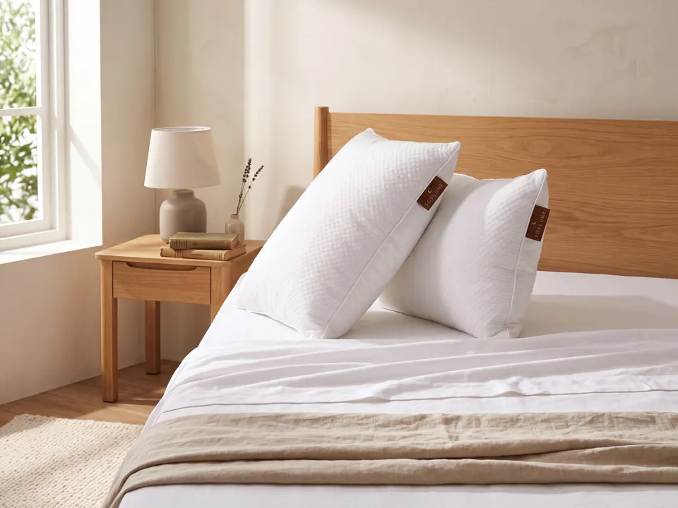 Sovlune Soft Plump Fibre Pillows on a made bed