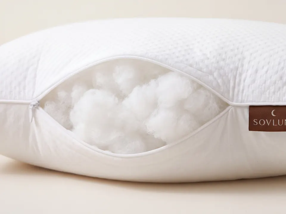 Close-up of the Soft Plump Fibre Pillows fabric and Sovlune label