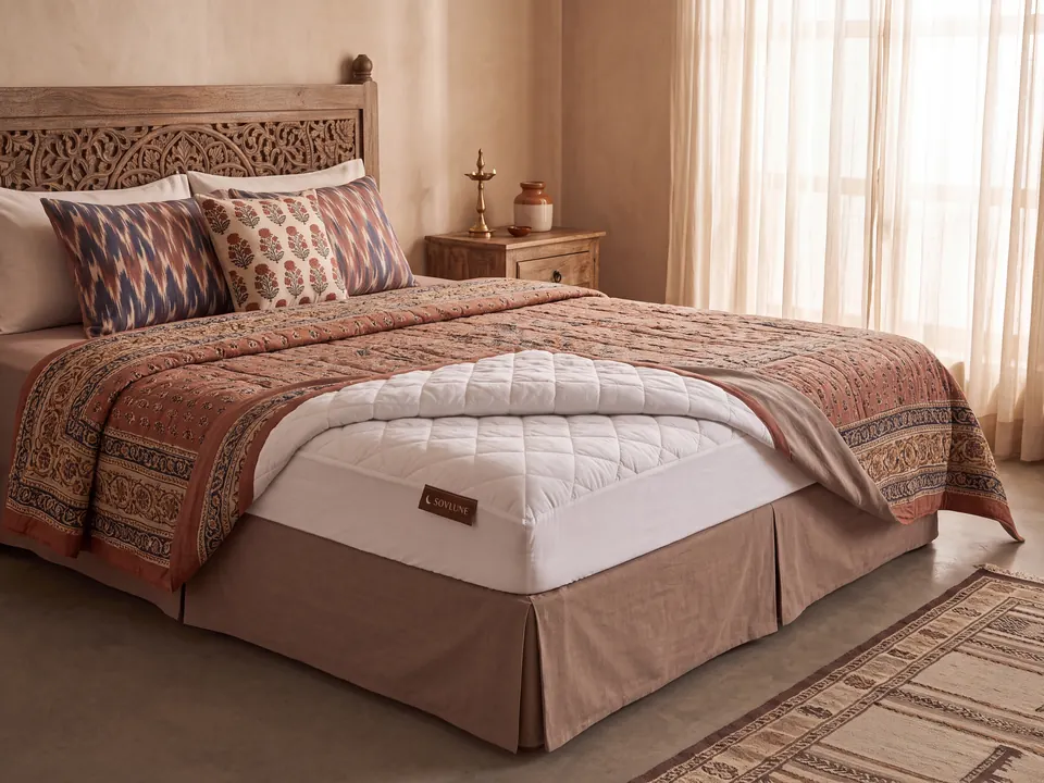 Sovlune Guard Waterproof Mattress Protector on a made bed