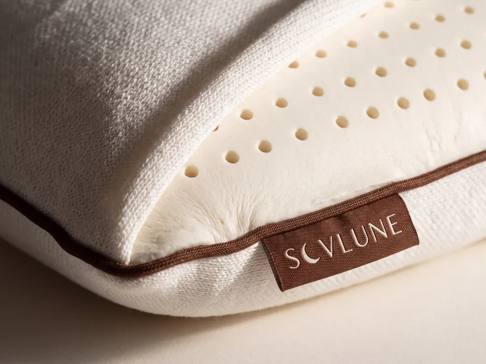 Close-up of the Cool Natural Latex Pillows fabric and Sovlune label