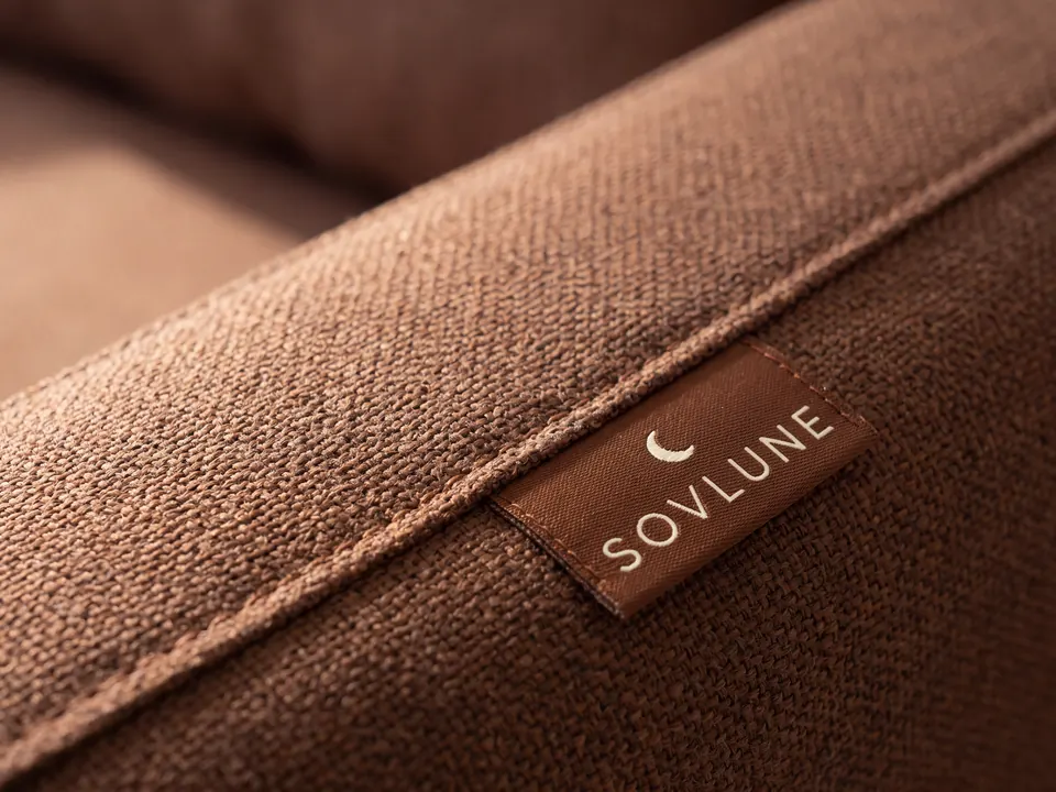 Close-up of the Fold-Out Sofa-cum-Bed fabric and Sovlune label