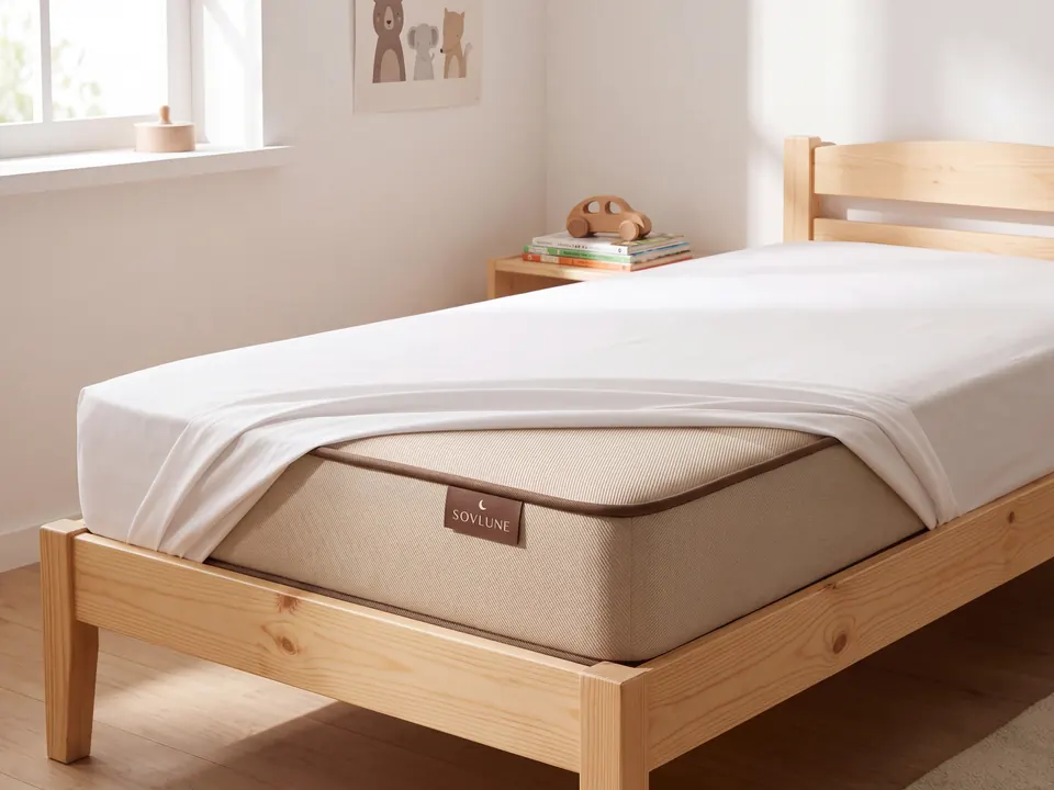 Sovlune Sturdy Kids foam mattress on a bed in a bedroom